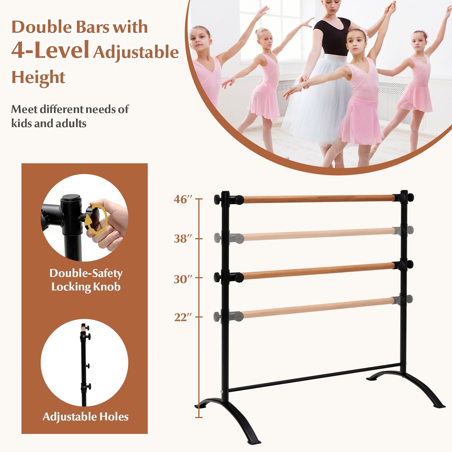 4 Foot Portable Freestanding Double Ballet Barre-Black Kids Crystal