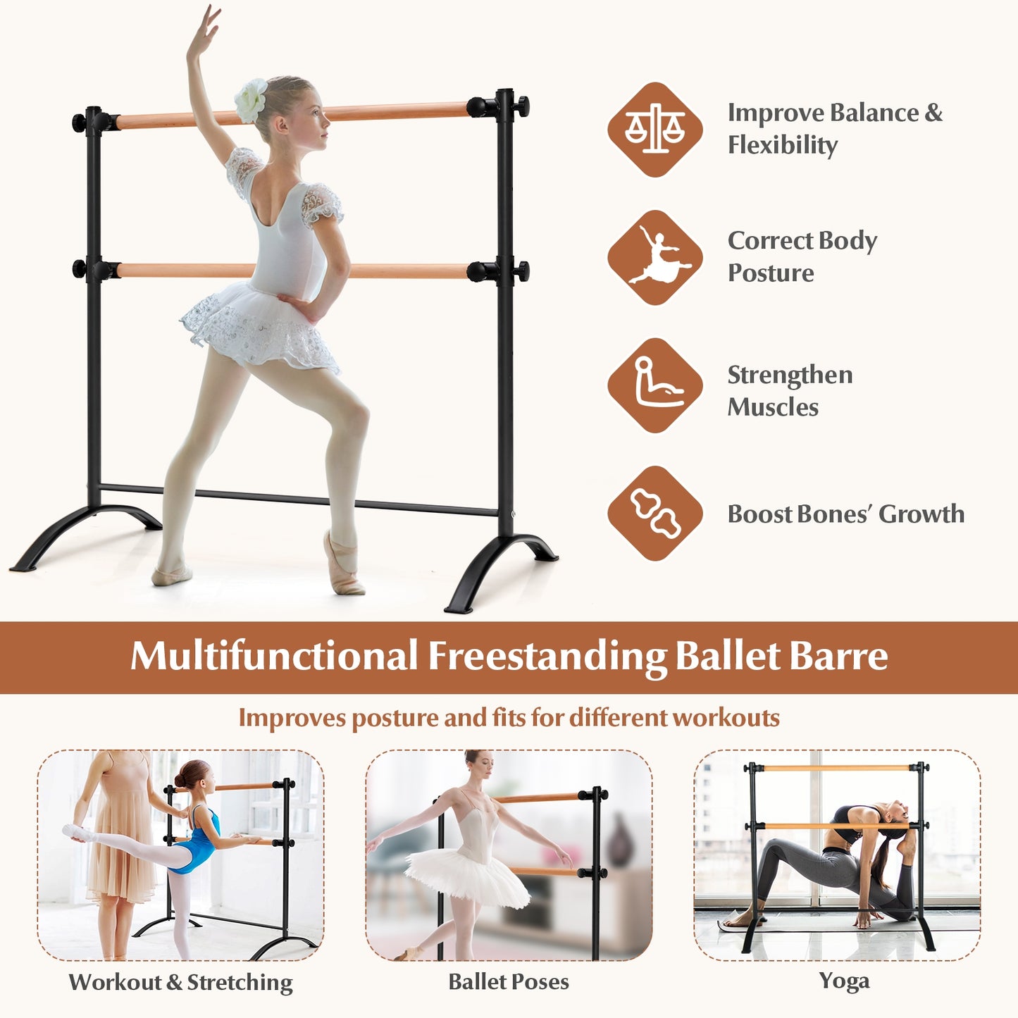 4 Foot Portable Freestanding Double Ballet Barre-Black Kids Crystal