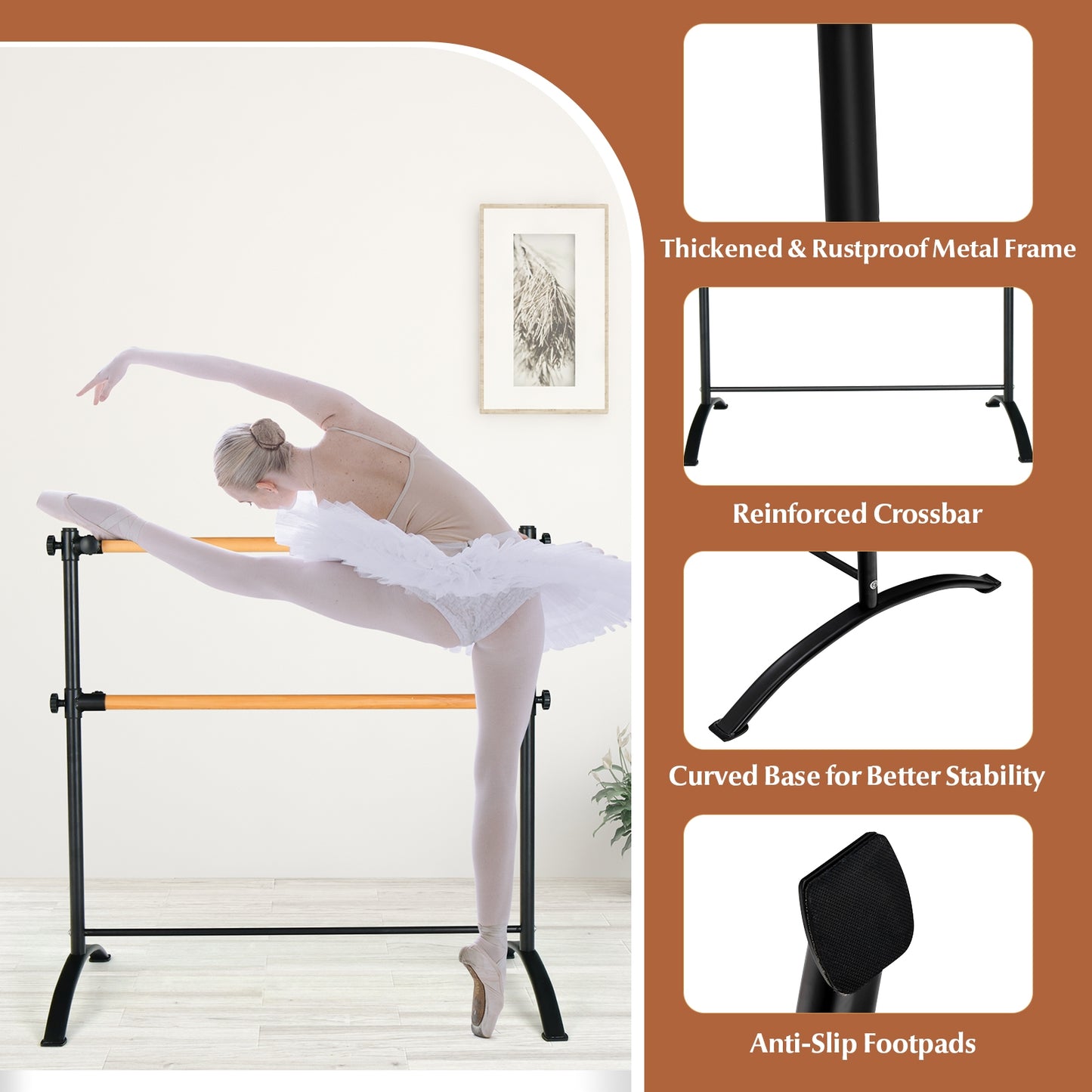 4 Foot Portable Freestanding Double Ballet Barre-Black Kids Crystal