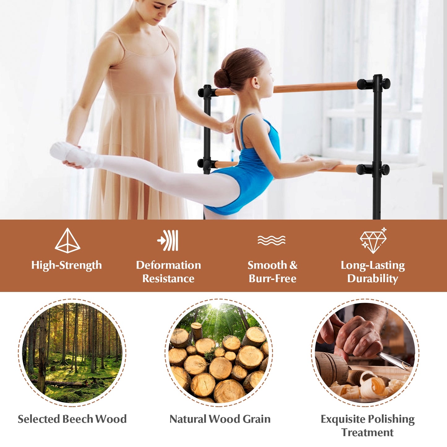 4 Foot Portable Freestanding Double Ballet Barre-Black Kids Crystal
