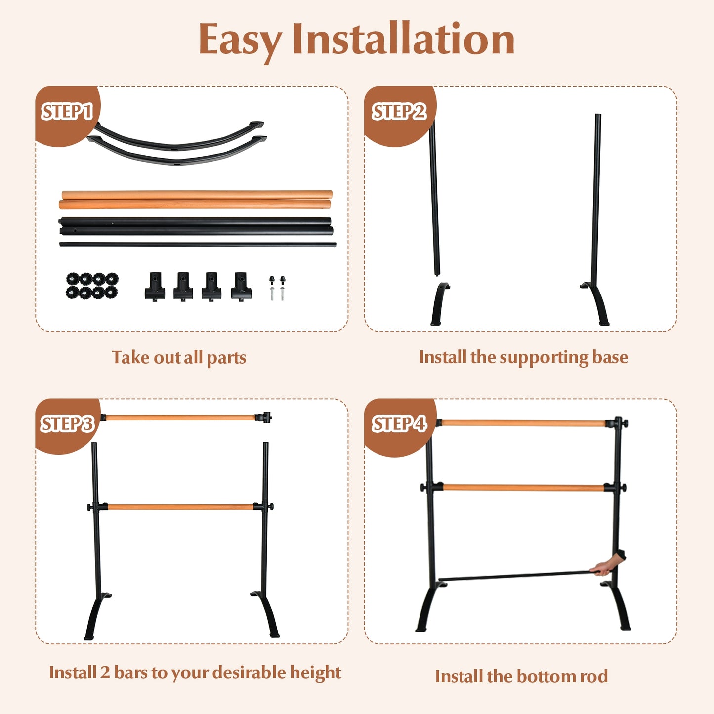 4 Foot Portable Freestanding Double Ballet Barre-Black Kids Crystal