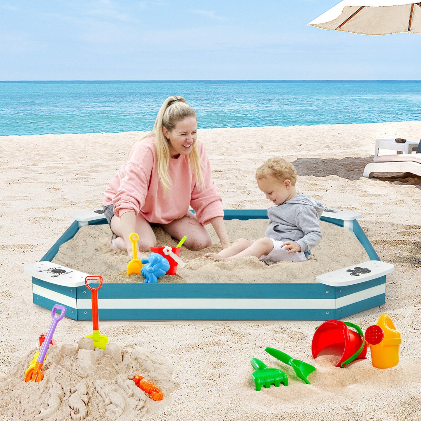 Outdoor Solid Wood Sandbox with 4 Built-in Animal Patterns Seats Kids Crystal