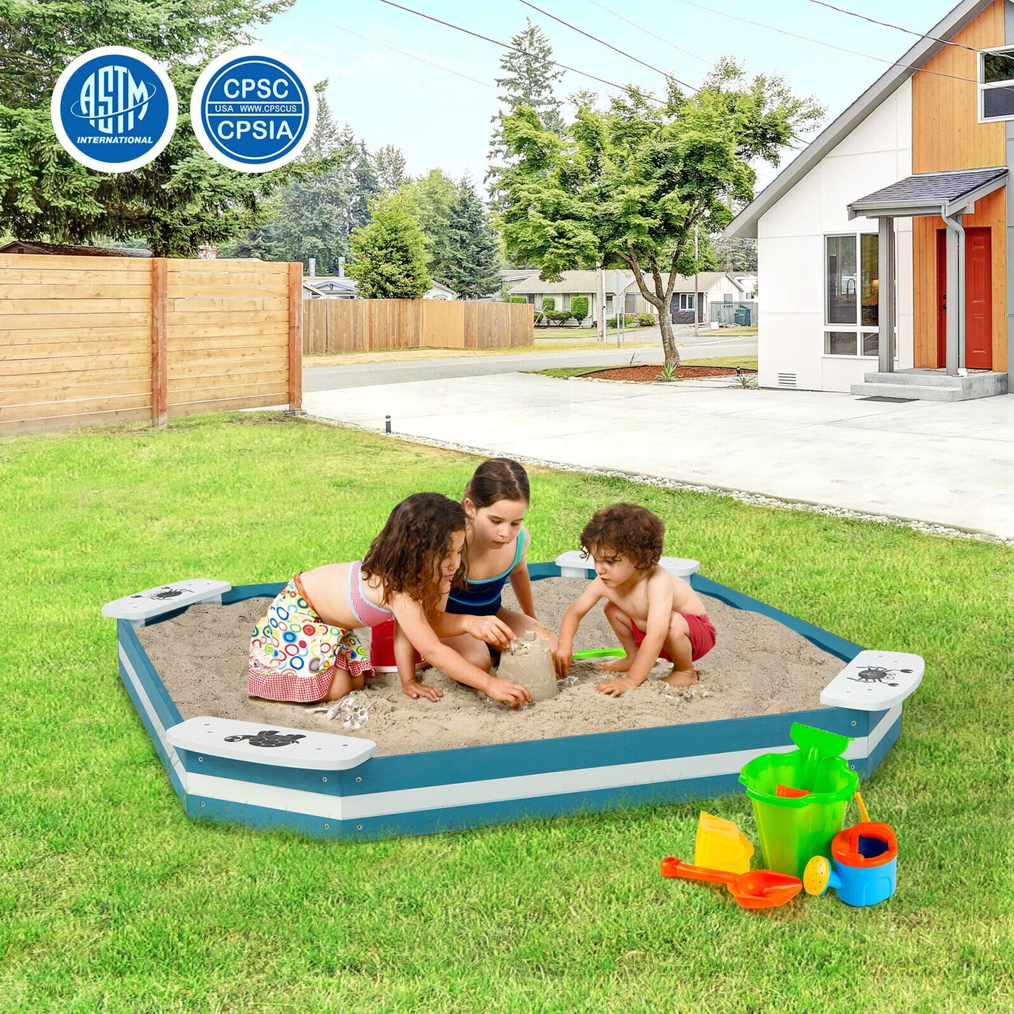 Outdoor Solid Wood Sandbox with 4 Built-in Animal Patterns Seats Kids Crystal