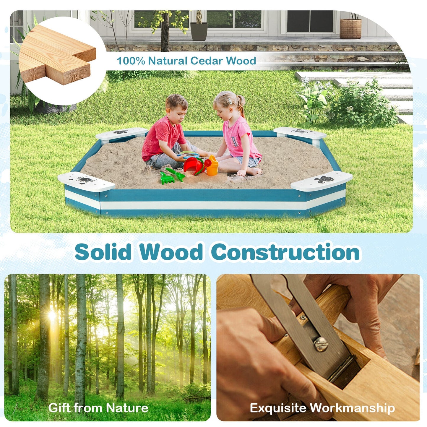 Outdoor Solid Wood Sandbox with 4 Built-in Animal Patterns Seats Kids Crystal