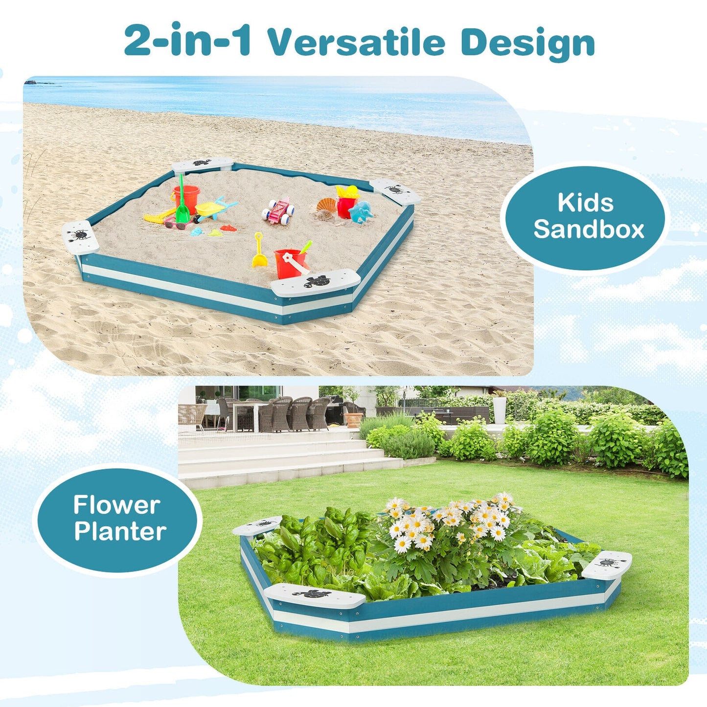 Outdoor Solid Wood Sandbox with 4 Built-in Animal Patterns Seats Kids Crystal