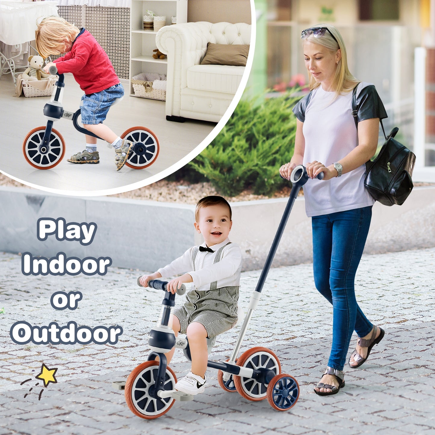 4-in-1 Kids Trike Bike with Adjustable Parent Push Handle and Seat Height-Navy Kids Crystal