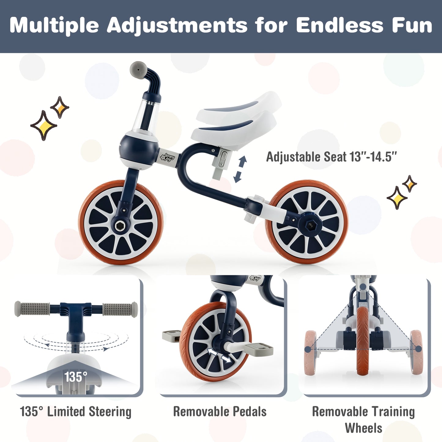 4-in-1 Kids Trike Bike with Adjustable Parent Push Handle and Seat Height-Navy Kids Crystal