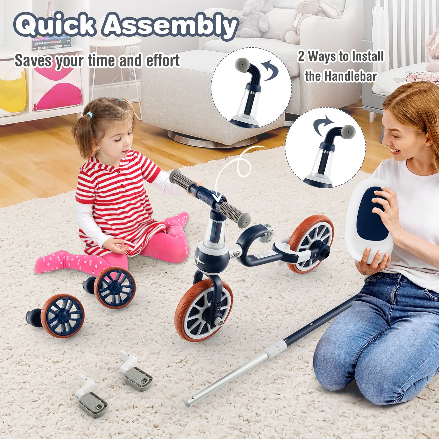 4-in-1 Kids Trike Bike with Adjustable Parent Push Handle and Seat Height-Navy Kids Crystal
