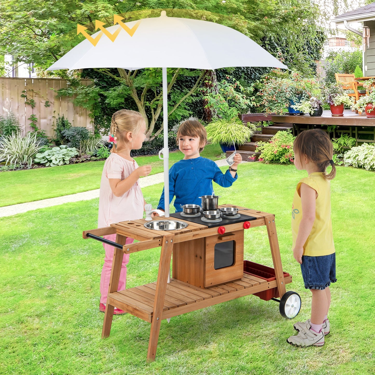 Wooden Play Cart with Sun Proof Umbrella for Toddlers Over 3 Years Old-Brown Kids Crystal