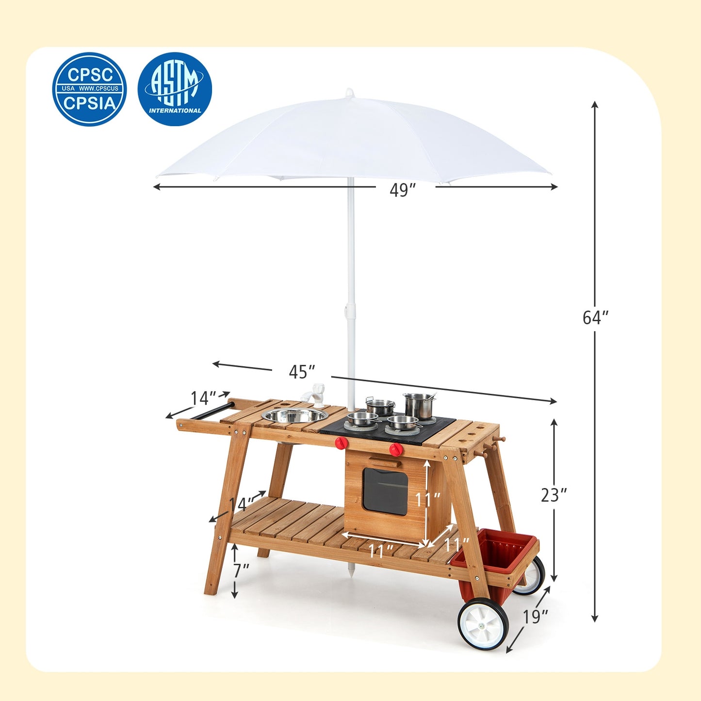 Wooden Play Cart with Sun Proof Umbrella for Toddlers Over 3 Years Old-Brown Kids Crystal