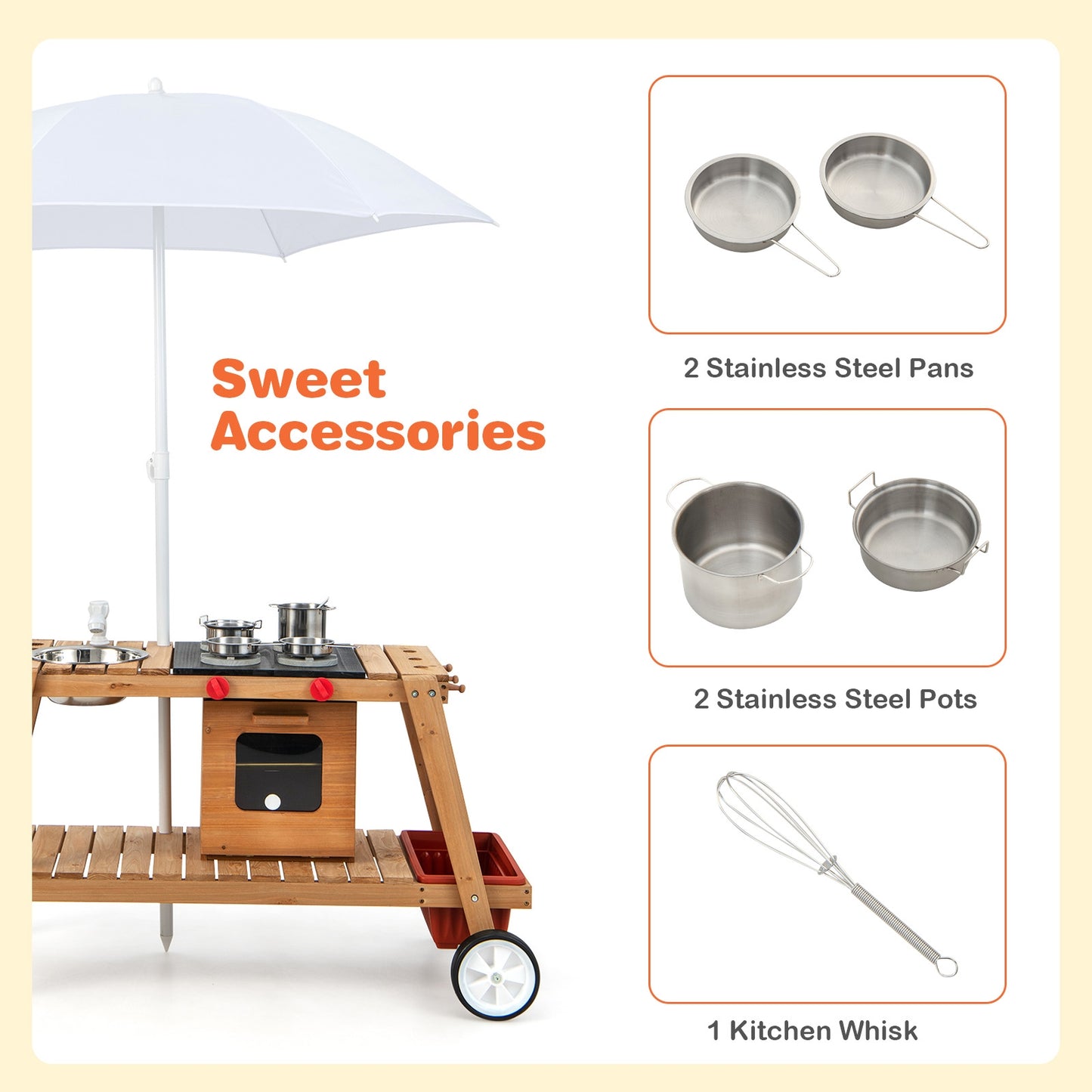 Wooden Play Cart with Sun Proof Umbrella for Toddlers Over 3 Years Old-Brown Kids Crystal
