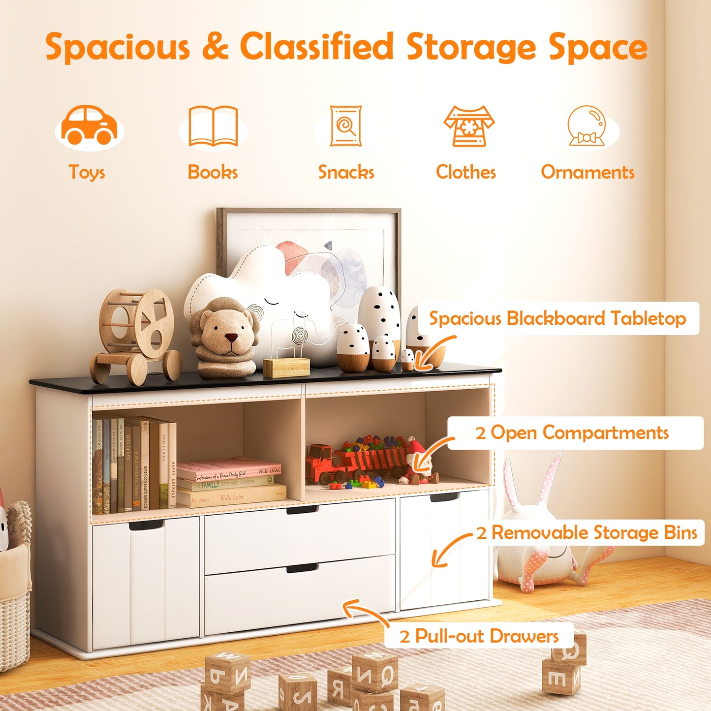 Kids Toy Storage Organizer with Blackboard Top-4-Drawer Kids Crystal