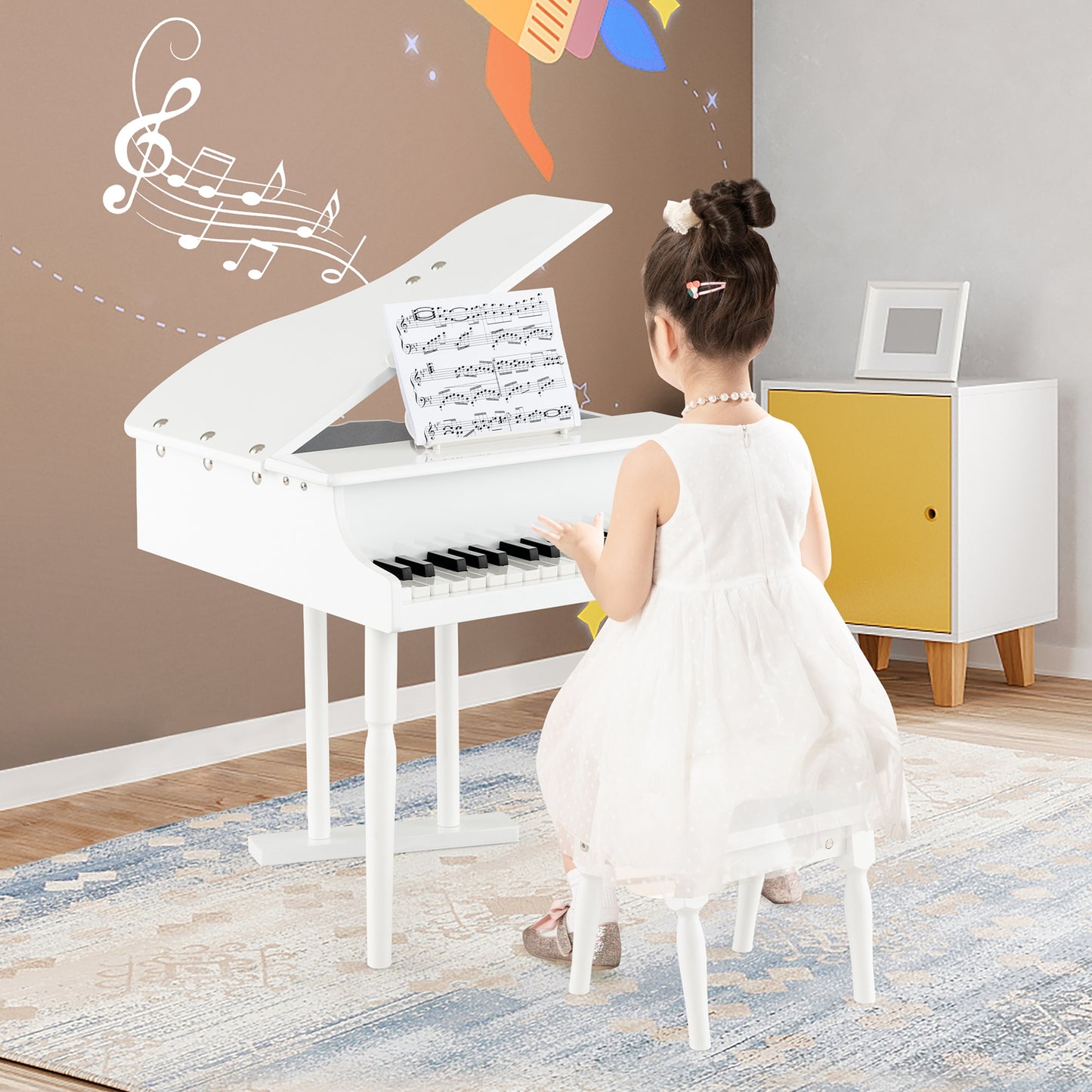 30-Key Kids Piano Keyboard Toy with Bench Piano Lid and Music Rack-White Kids Crystal