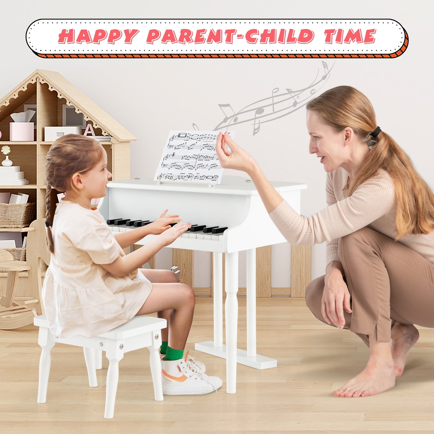 30-Key Kids Piano Keyboard Toy with Bench Piano Lid and Music Rack-White Kids Crystal