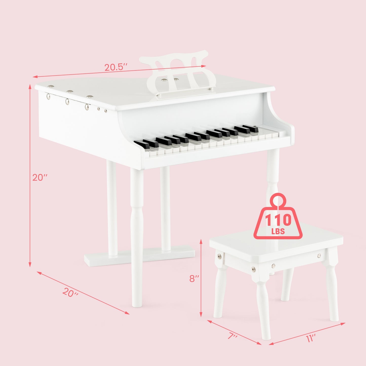 30-Key Kids Piano Keyboard Toy with Bench Piano Lid and Music Rack-White Kids Crystal
