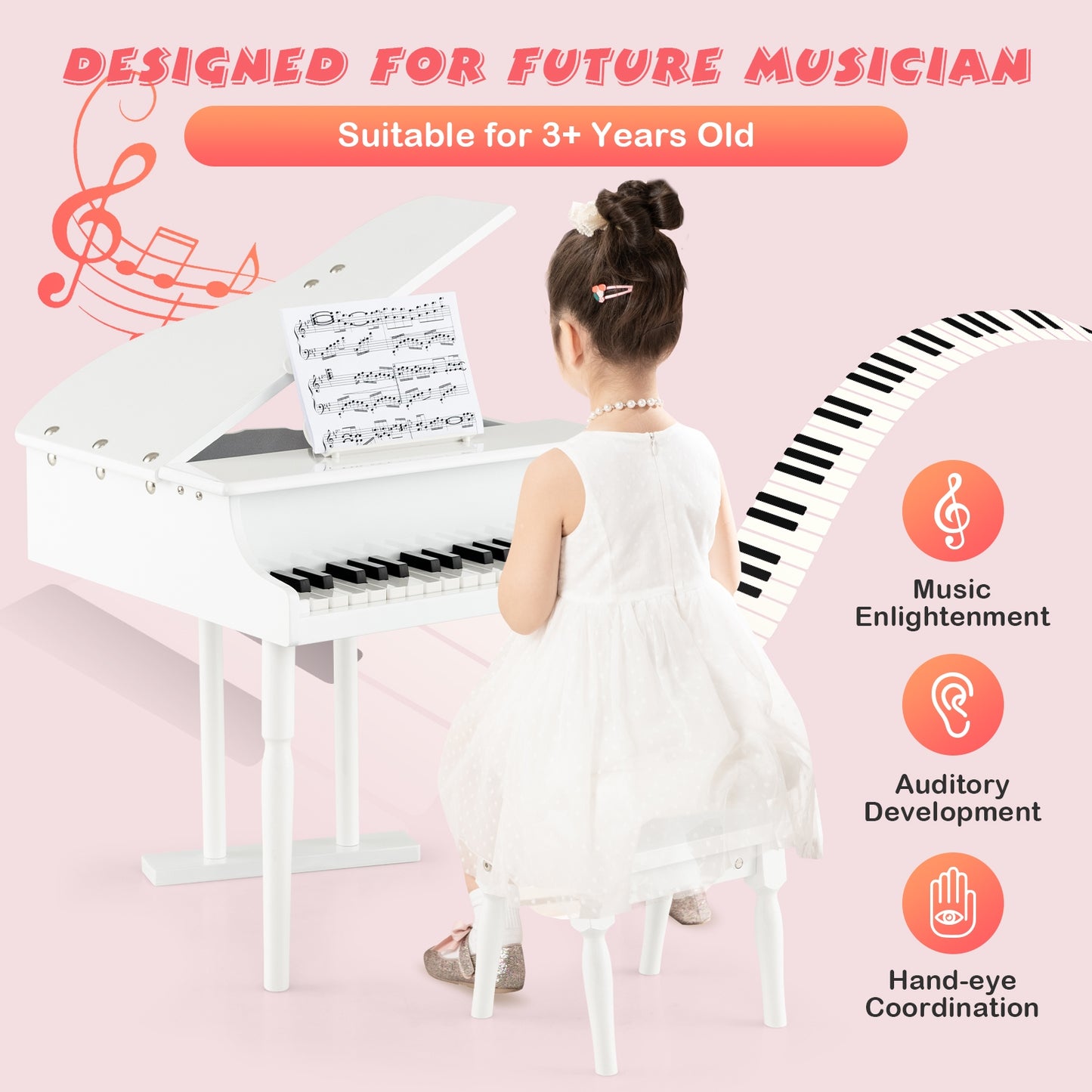 30-Key Kids Piano Keyboard Toy with Bench Piano Lid and Music Rack-White Kids Crystal