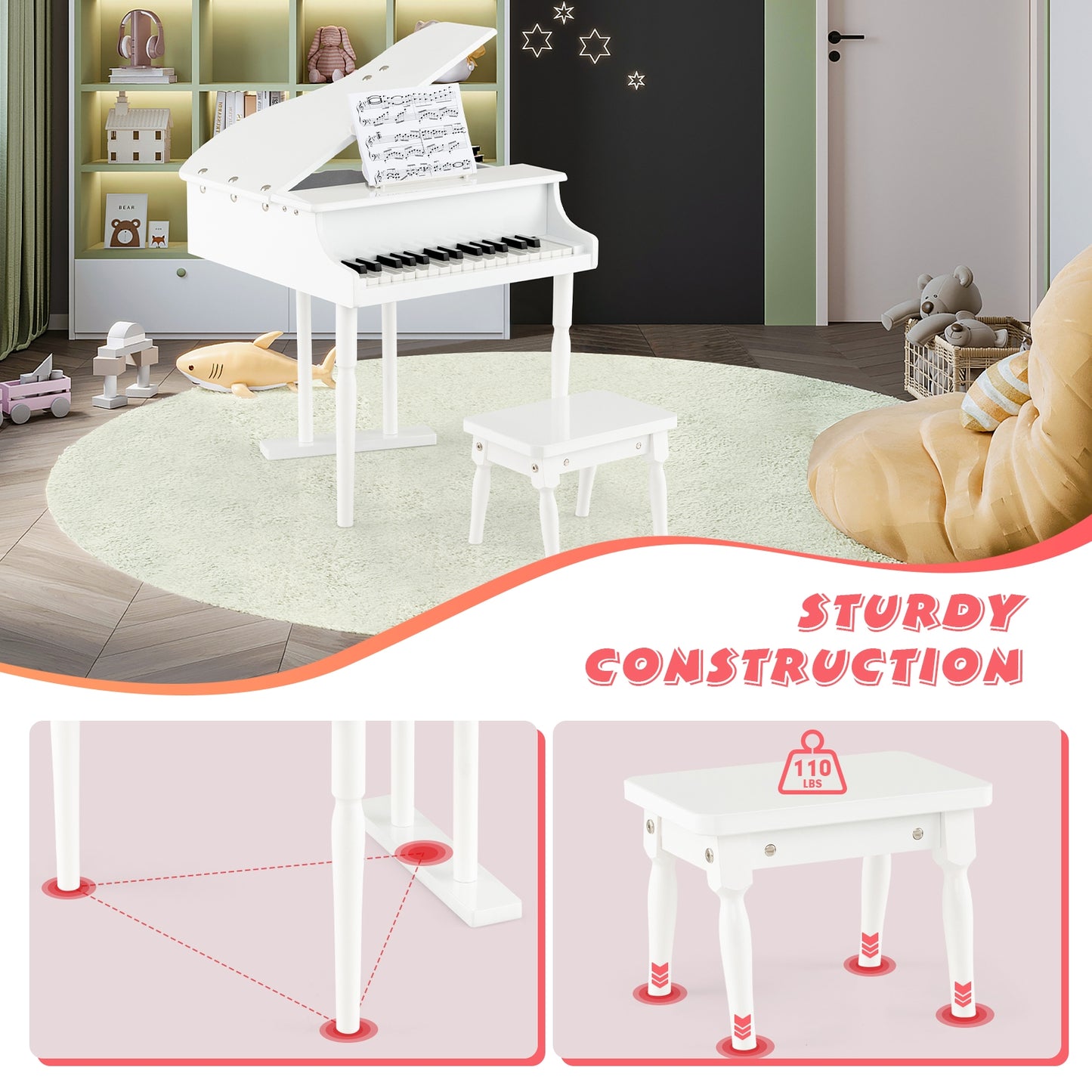 30-Key Kids Piano Keyboard Toy with Bench Piano Lid and Music Rack-White Kids Crystal