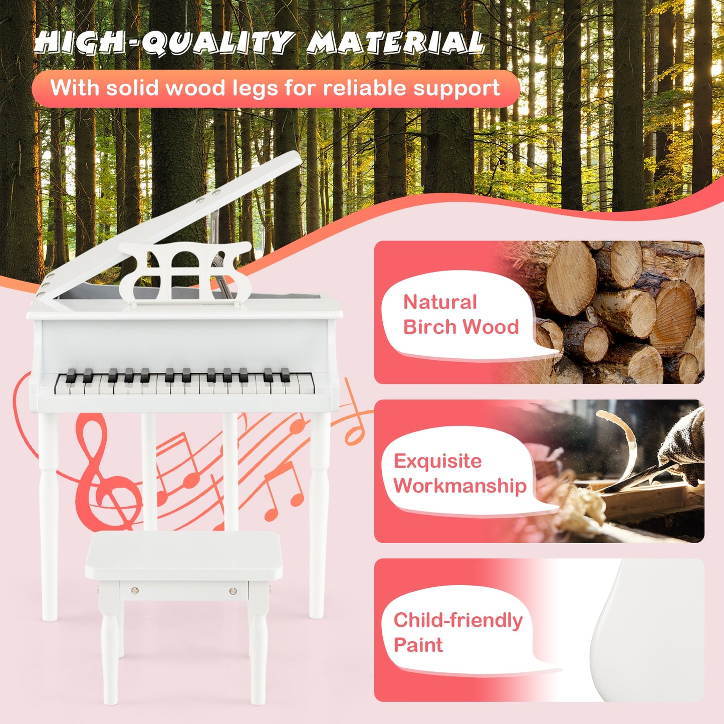 30-Key Kids Piano Keyboard Toy with Bench Piano Lid and Music Rack-White Kids Crystal