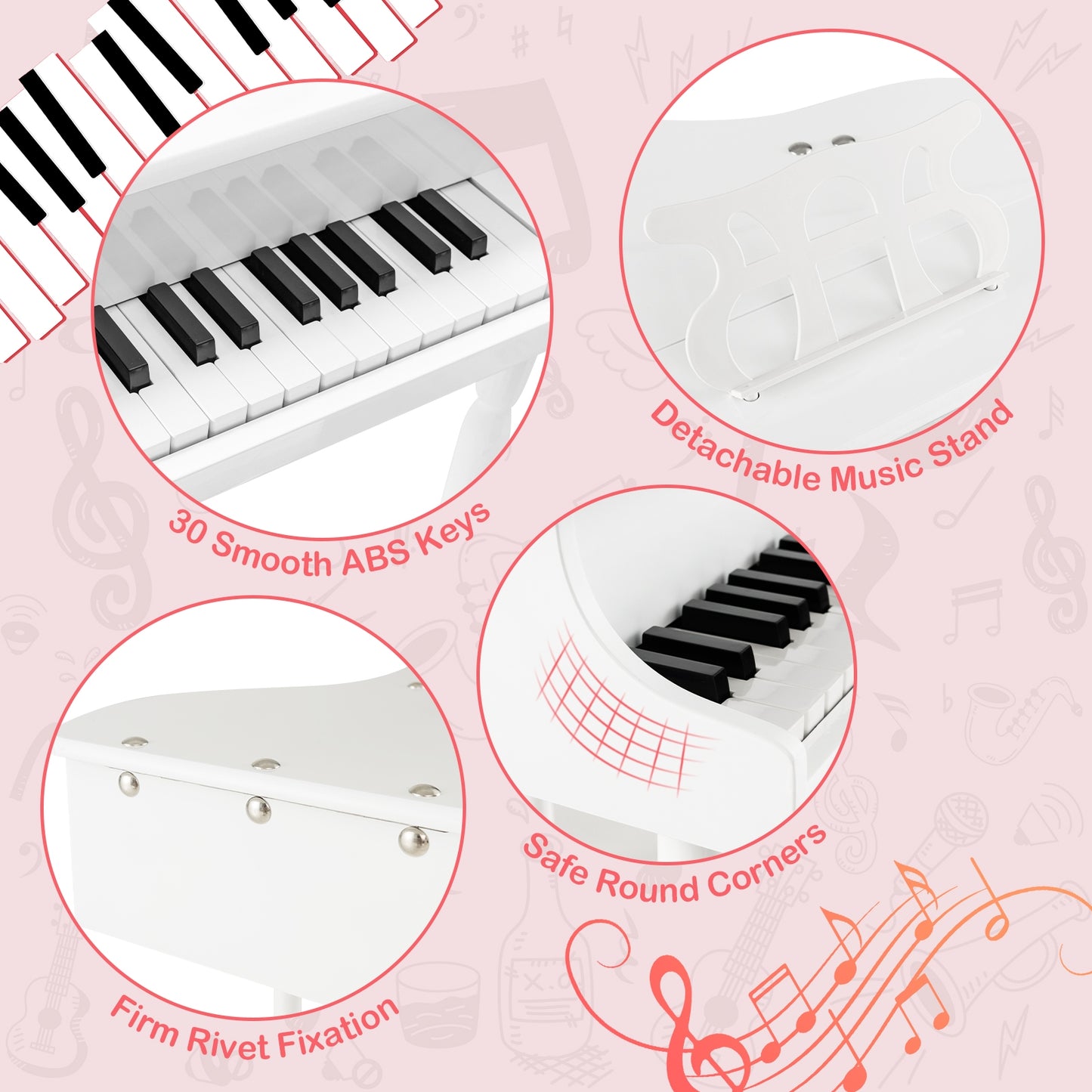 30-Key Kids Piano Keyboard Toy with Bench Piano Lid and Music Rack-White Kids Crystal
