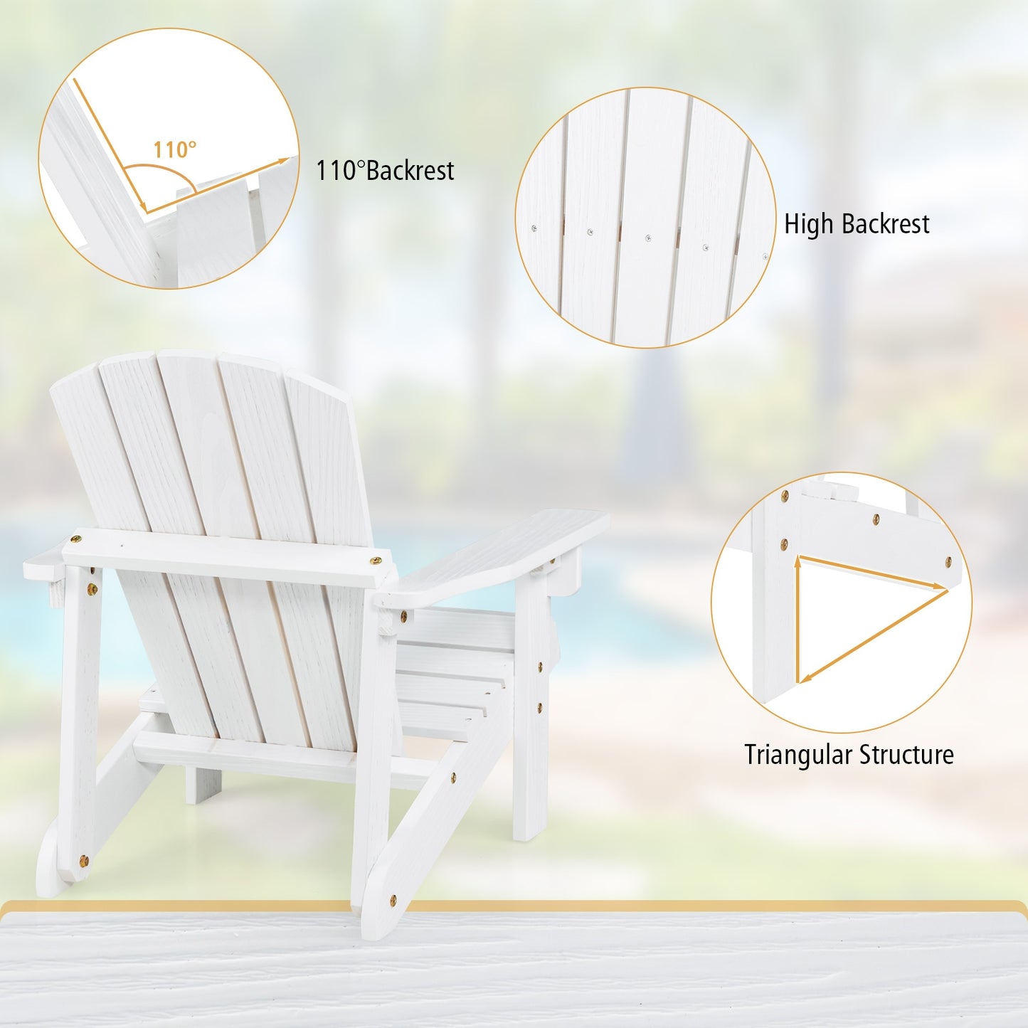 Kid's Adirondack Chair with High Backrest and Arm Rest-White Kids Crystal