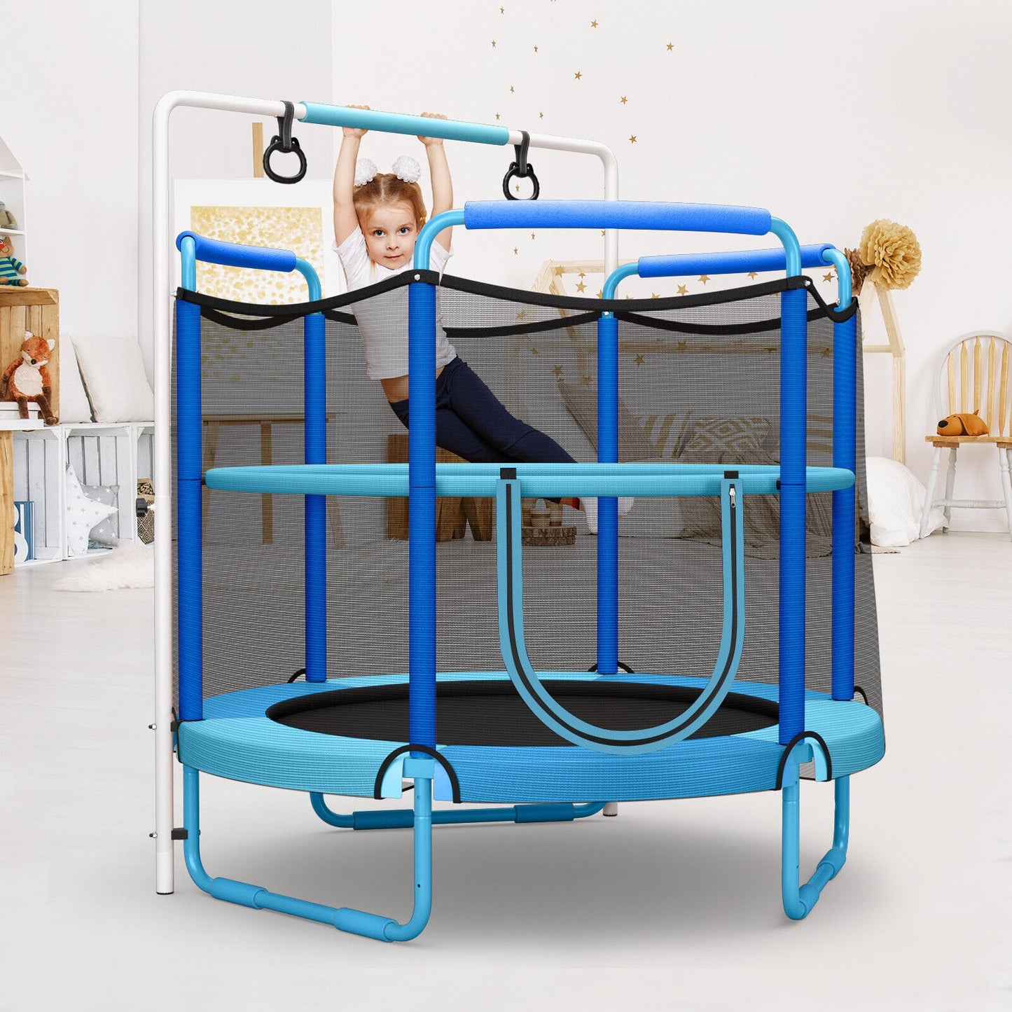 5 Feet Kids 3-in-1 Game Trampoline with Enclosure Net Spring Pad-Blue Kids Crystal