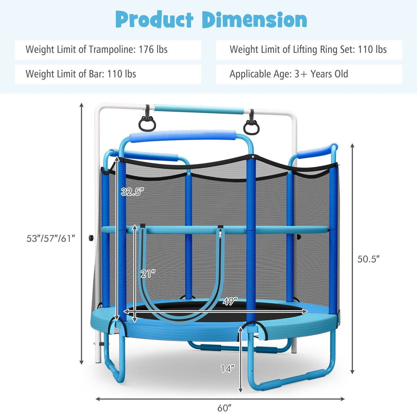 5 Feet Kids 3-in-1 Game Trampoline with Enclosure Net Spring Pad-Blue Kids Crystal
