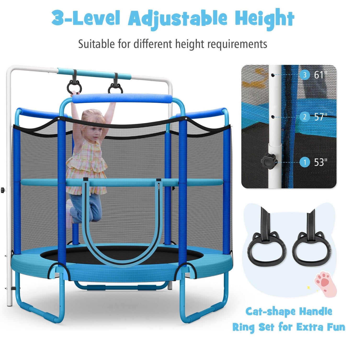 5 Feet Kids 3-in-1 Game Trampoline with Enclosure Net Spring Pad-Blue Kids Crystal