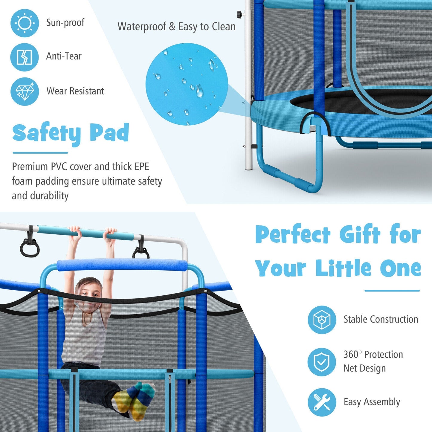 5 Feet Kids 3-in-1 Game Trampoline with Enclosure Net Spring Pad-Blue Kids Crystal