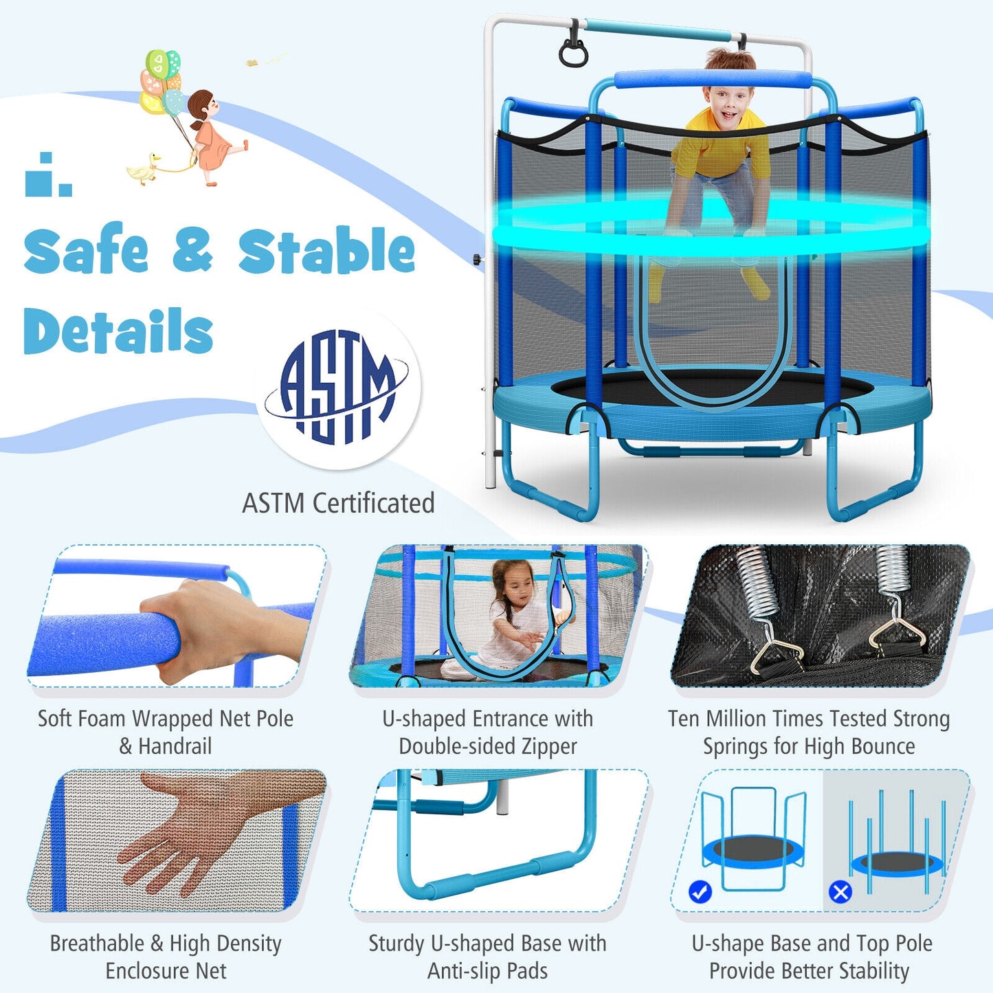5 Feet Kids 3-in-1 Game Trampoline with Enclosure Net Spring Pad-Blue Kids Crystal