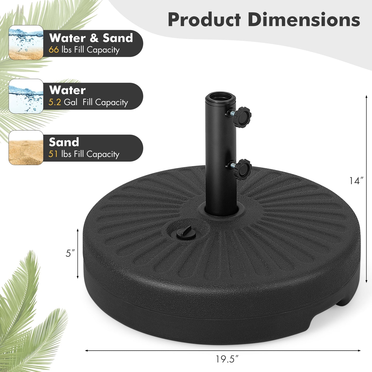 19.5 Inch Fillable Round Umbrella Base Stand for Yard Garden Poolside-Black Kids Crystal