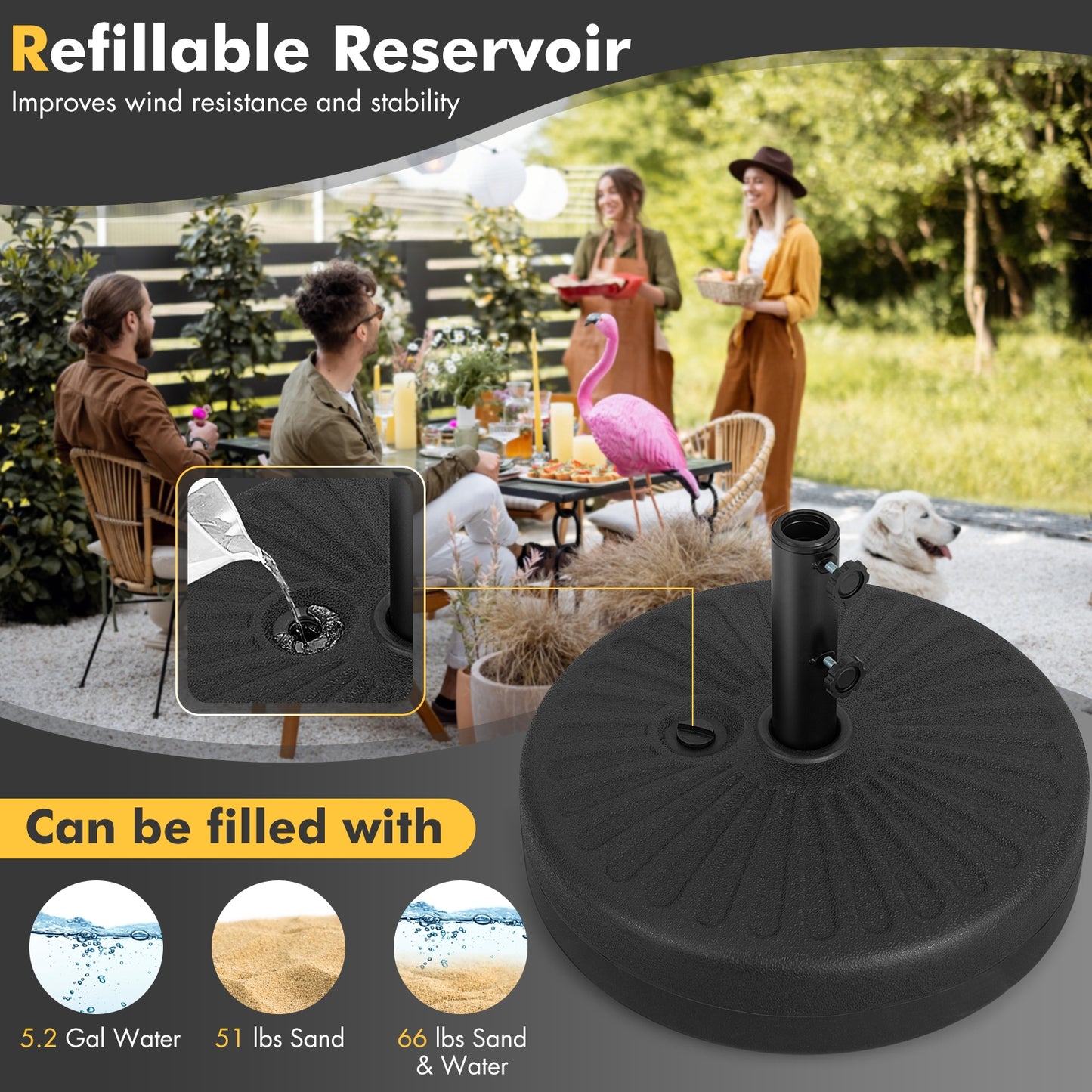 19.5 Inch Fillable Round Umbrella Base Stand for Yard Garden Poolside-Black Kids Crystal