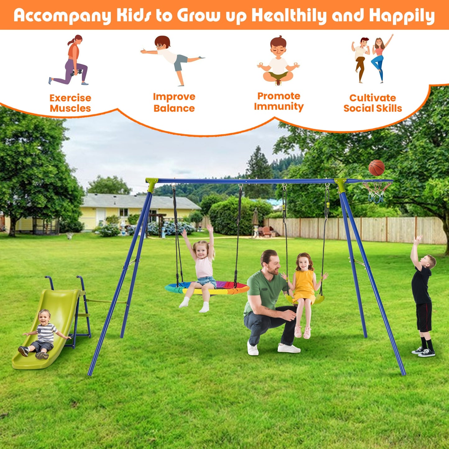 4-in-1 Heavy-Duty Metal Playset with Slide and Basketball Hoop Kids Crystal