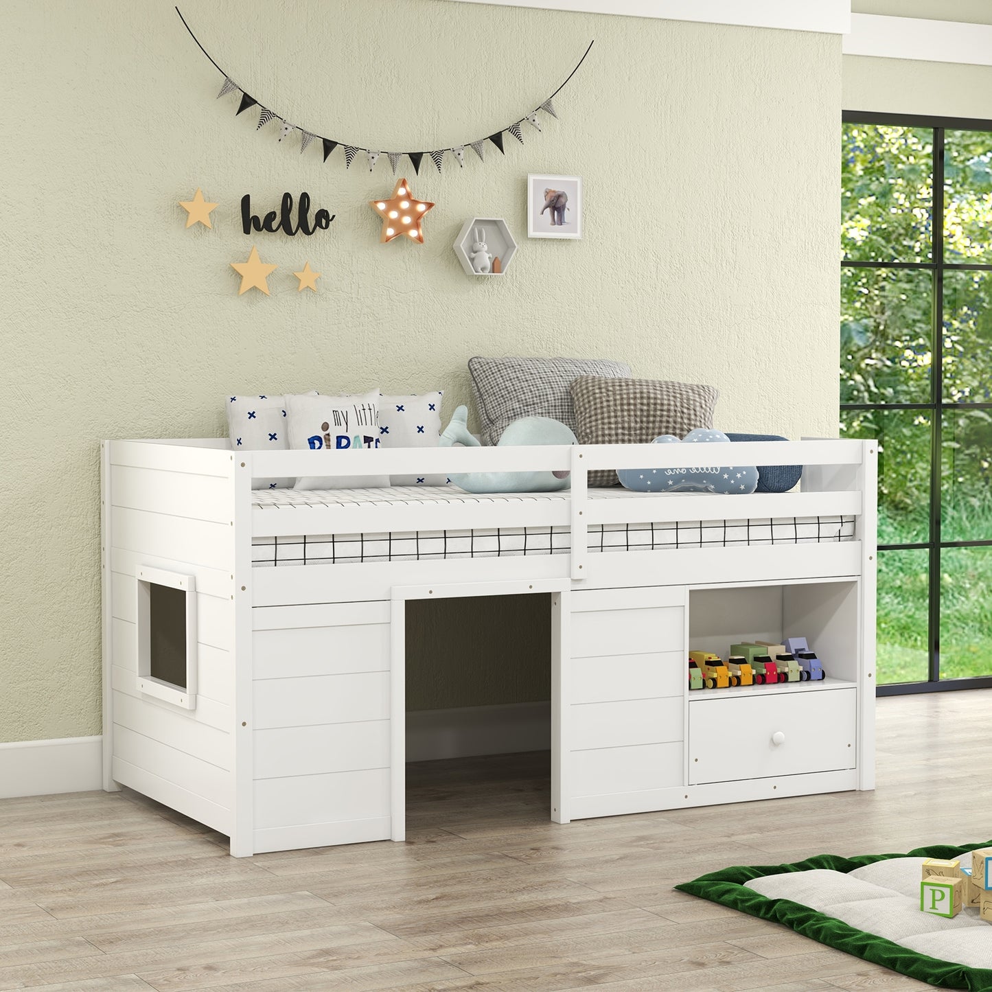 Twin Size Solid Wood Low Loft Bed with Storage and Drawer-White Kids Crystal