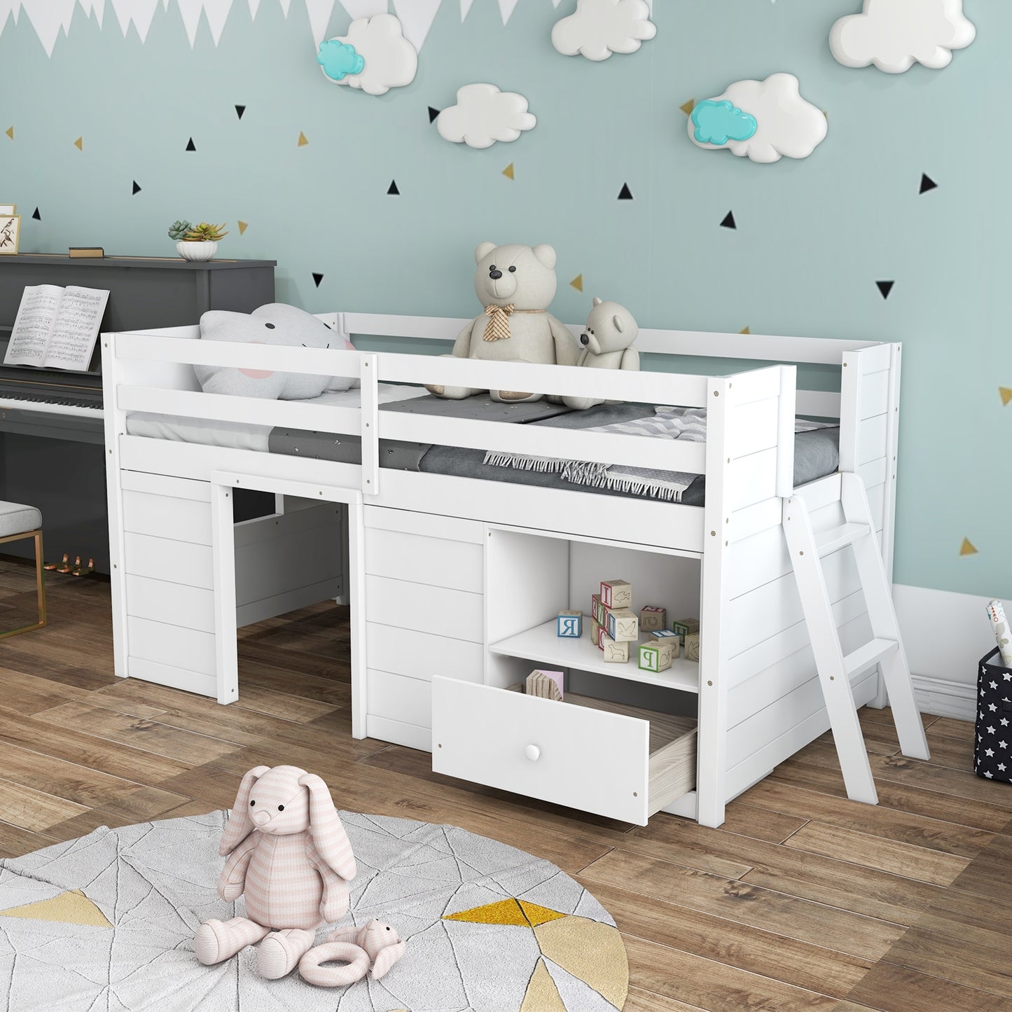 Twin Size Solid Wood Low Loft Bed with Storage and Drawer-White Kids Crystal