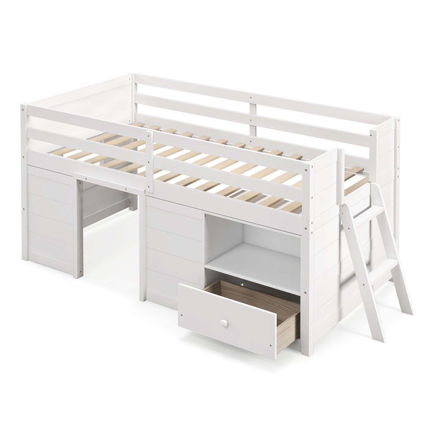 Twin Size Solid Wood Low Loft Bed with Storage and Drawer-White Kids Crystal