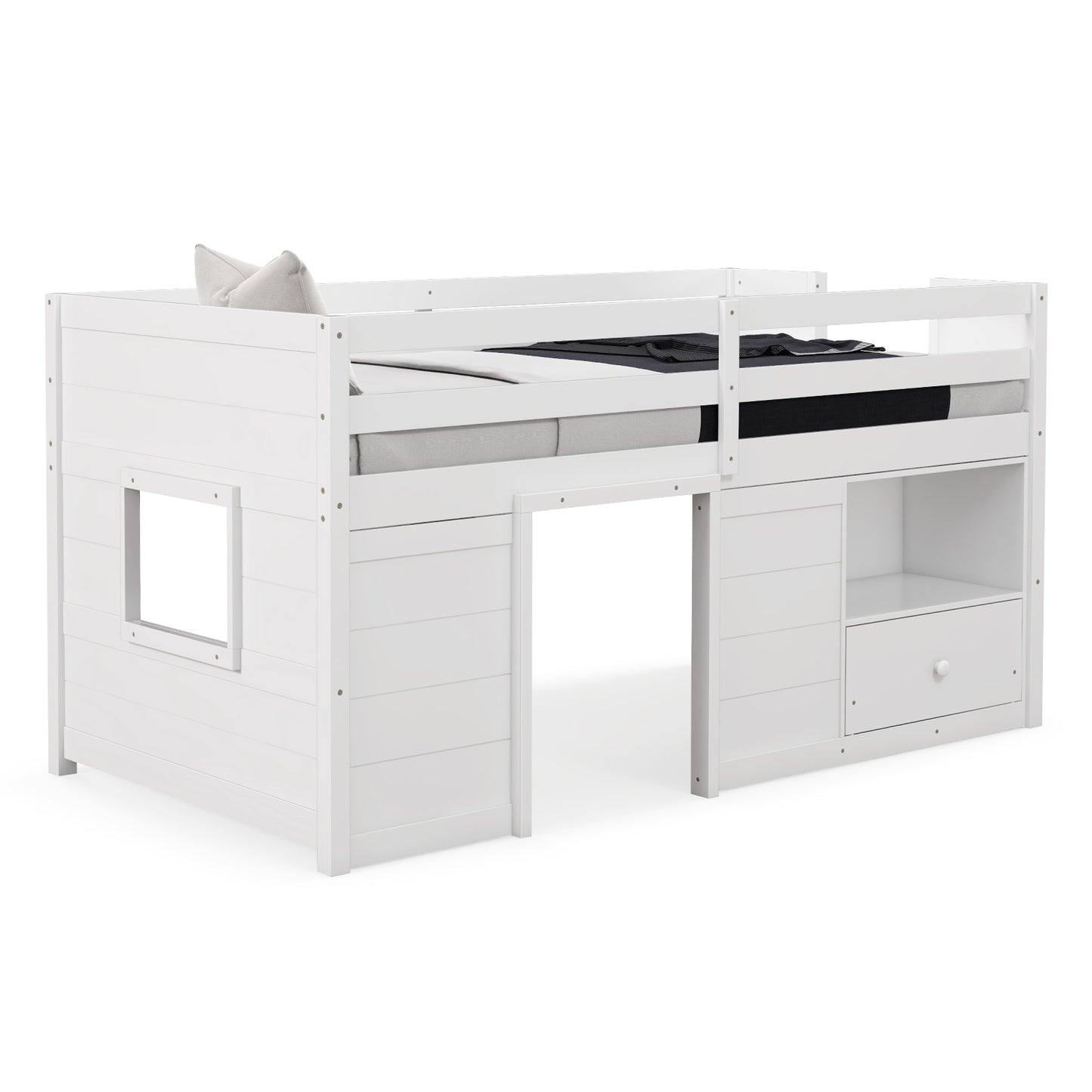 Twin Size Solid Wood Low Loft Bed with Storage and Drawer-White Kids Crystal