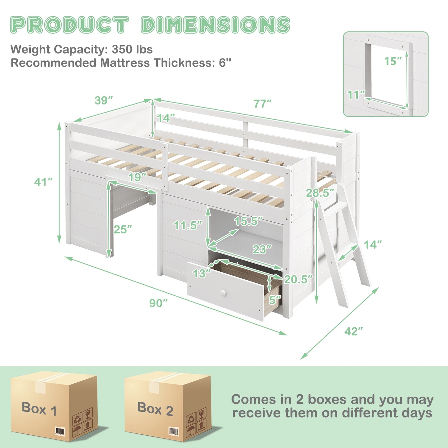 Twin Size Solid Wood Low Loft Bed with Storage and Drawer-White Kids Crystal