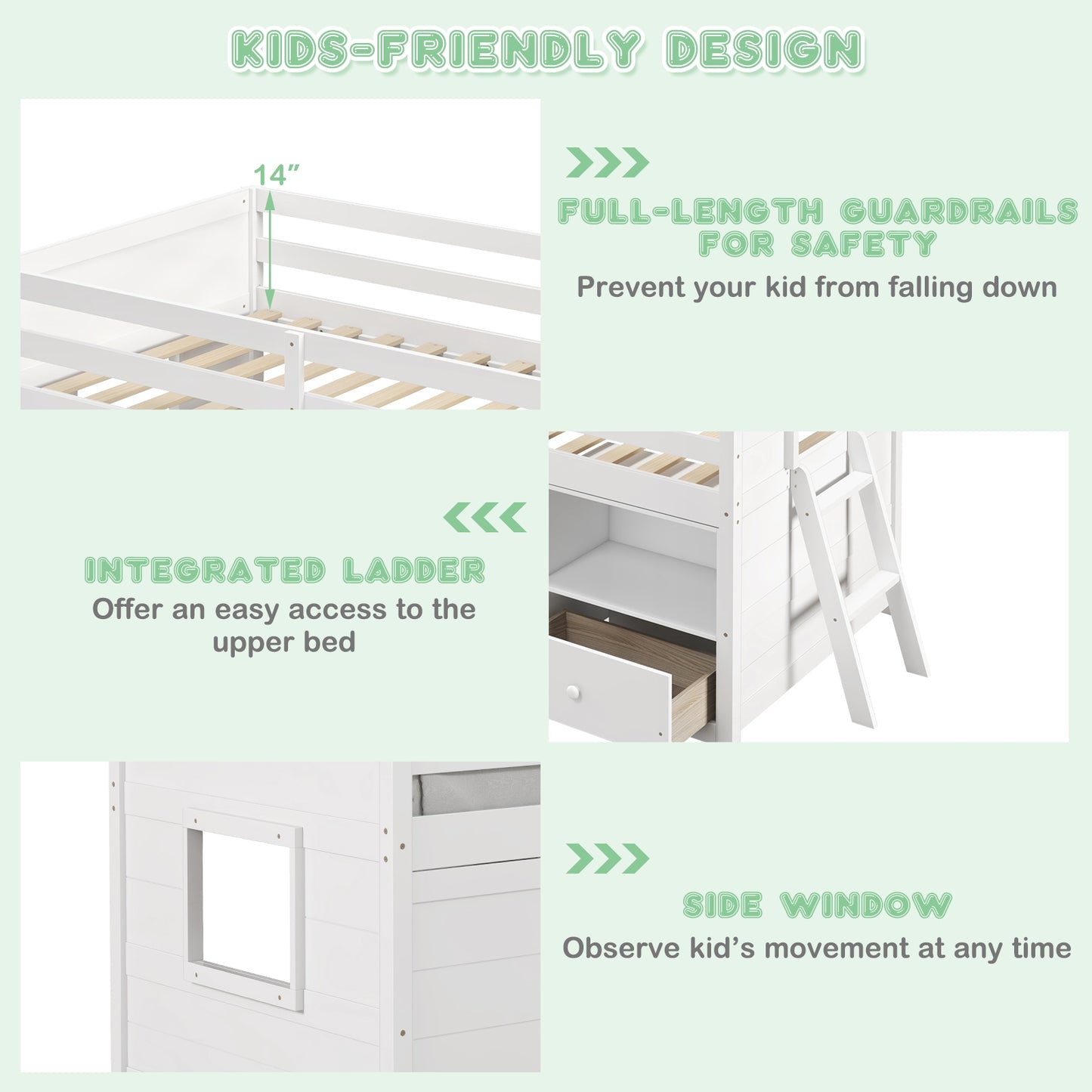 Twin Size Solid Wood Low Loft Bed with Storage and Drawer-White Kids Crystal