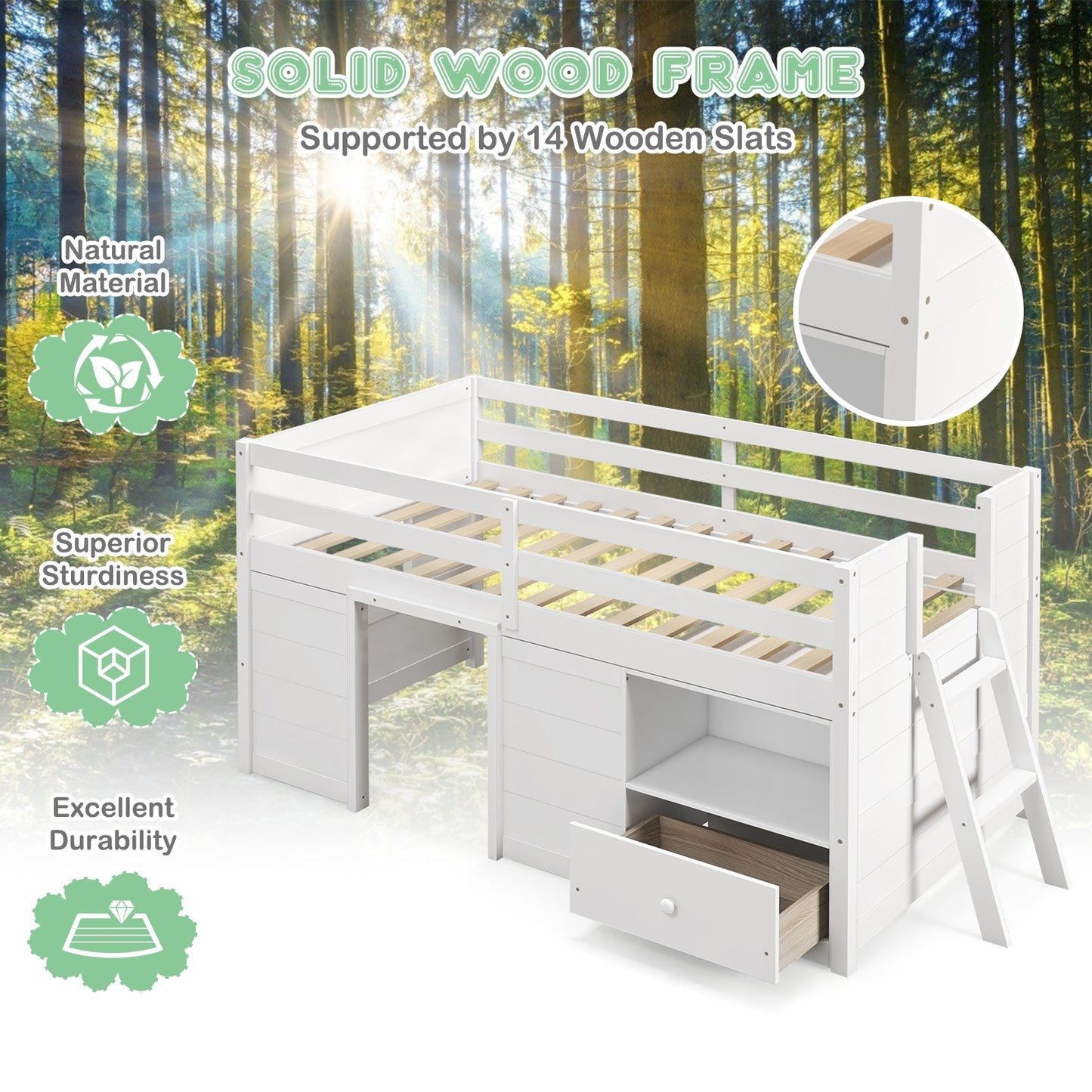 Twin Size Solid Wood Low Loft Bed with Storage and Drawer-White Kids Crystal