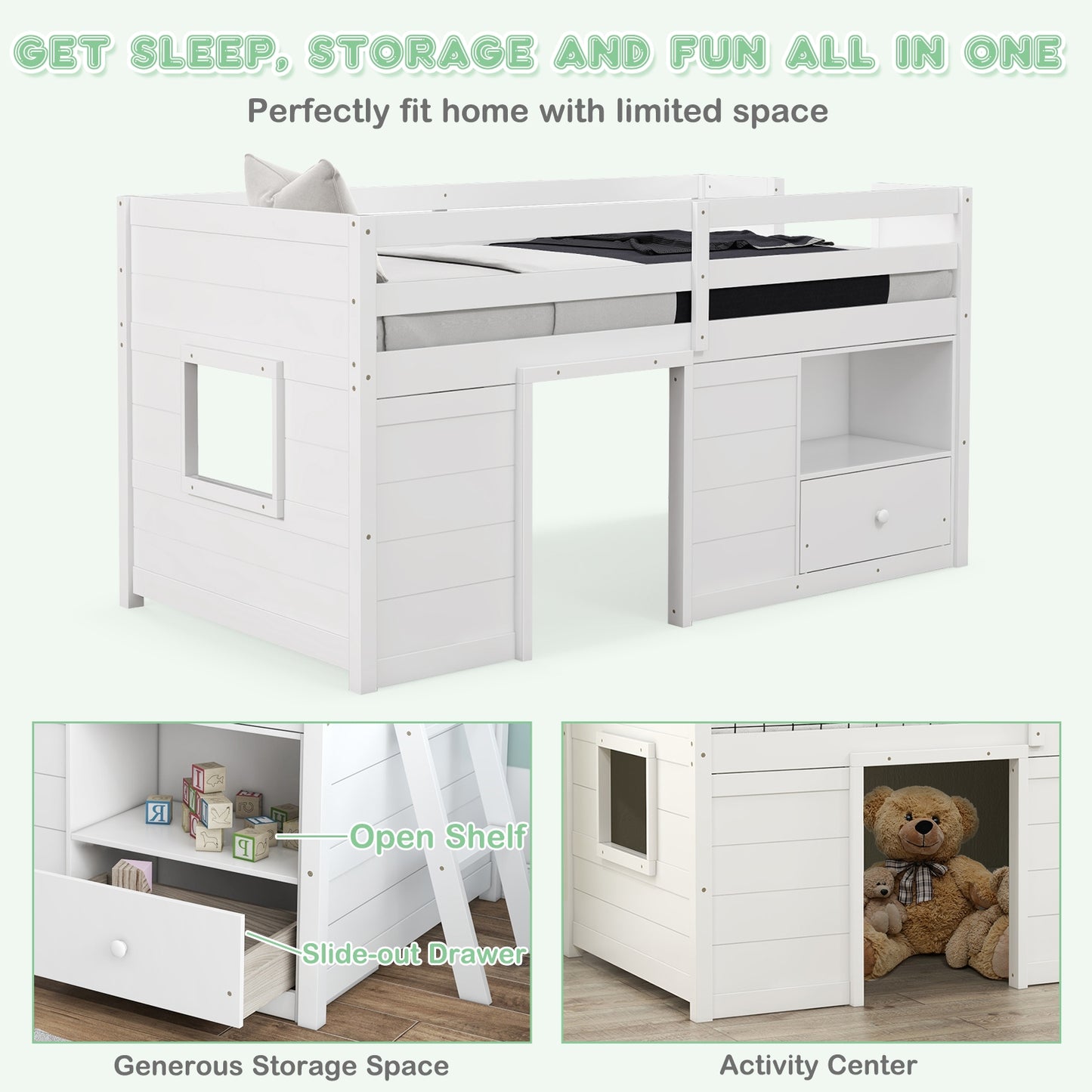 Twin Size Solid Wood Low Loft Bed with Storage and Drawer-White Kids Crystal