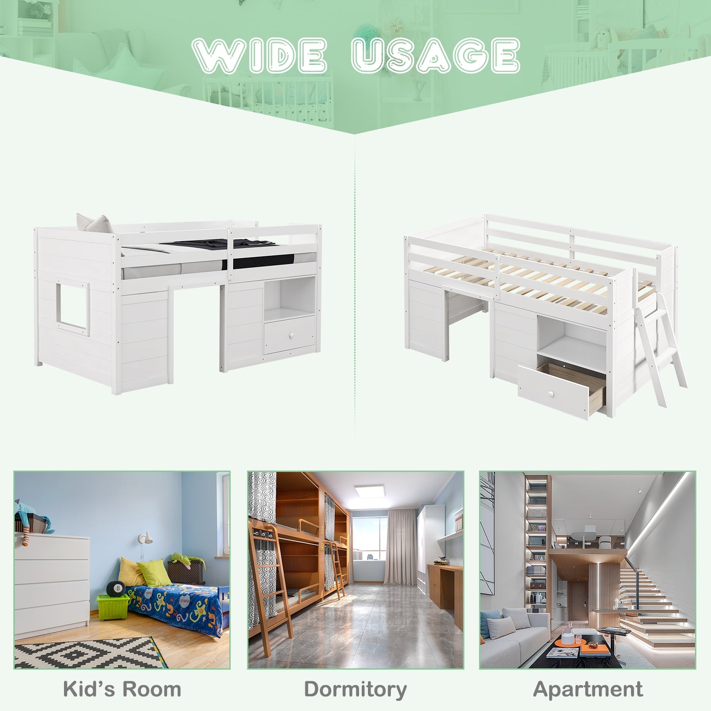 Twin Size Solid Wood Low Loft Bed with Storage and Drawer-White Kids Crystal