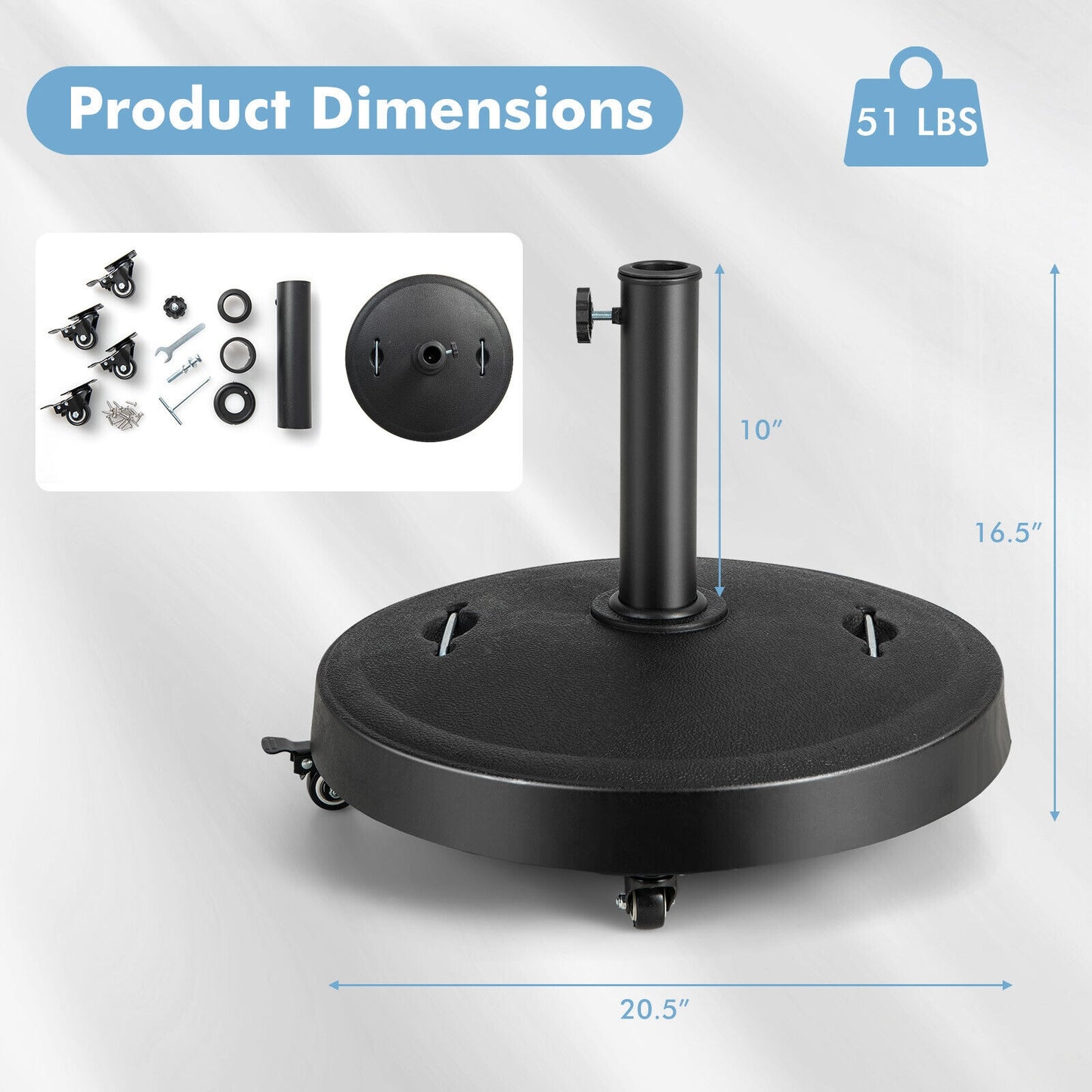 51LBS 20.5Inch Outdoor Umbrella Base with Wheels and Handles Kids Crystal