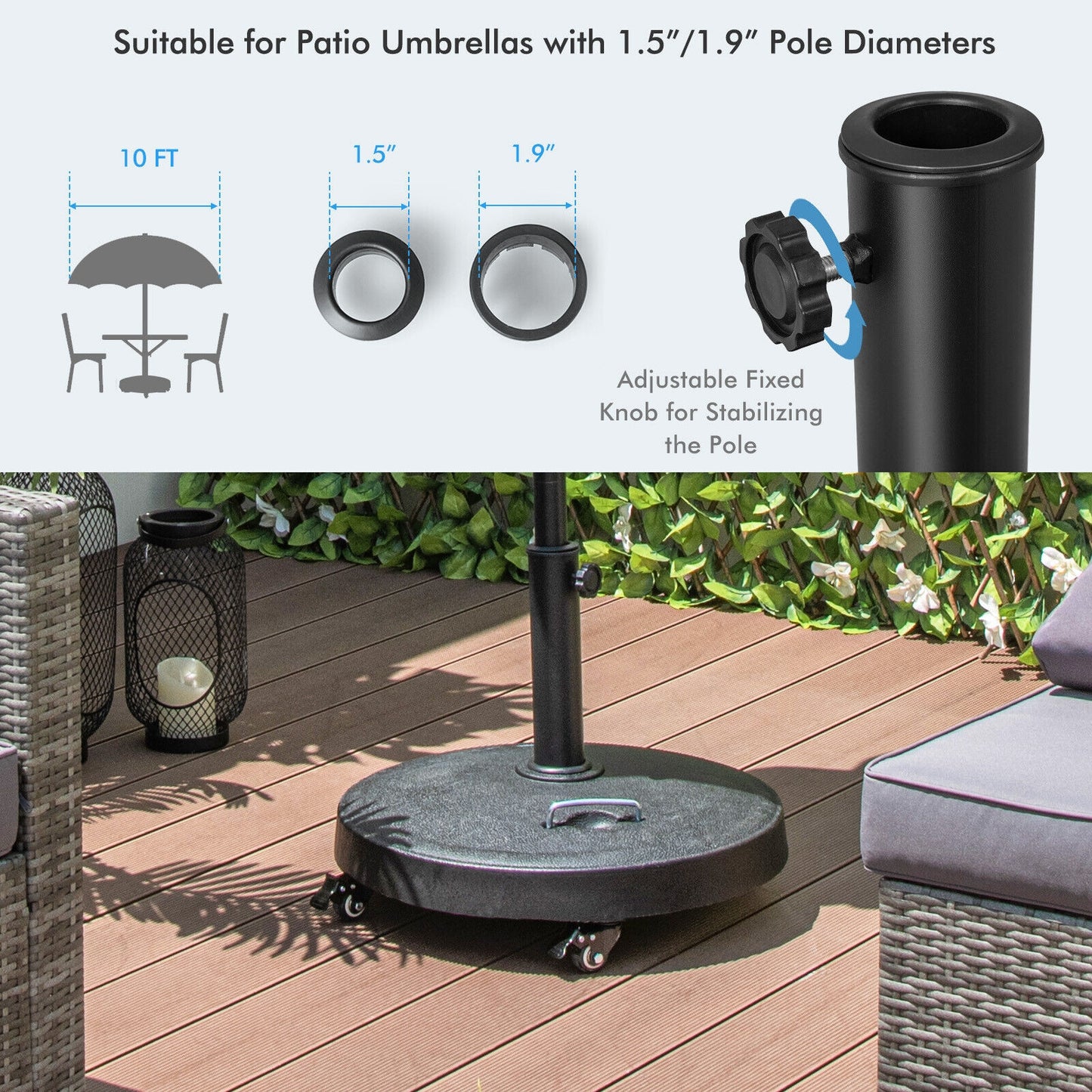 51LBS 20.5Inch Outdoor Umbrella Base with Wheels and Handles Kids Crystal