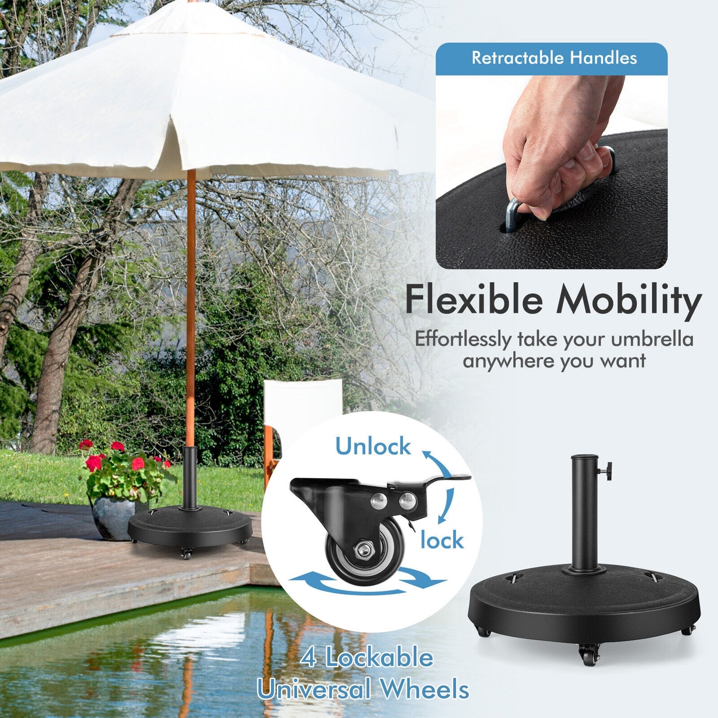 51LBS 20.5Inch Outdoor Umbrella Base with Wheels and Handles Kids Crystal