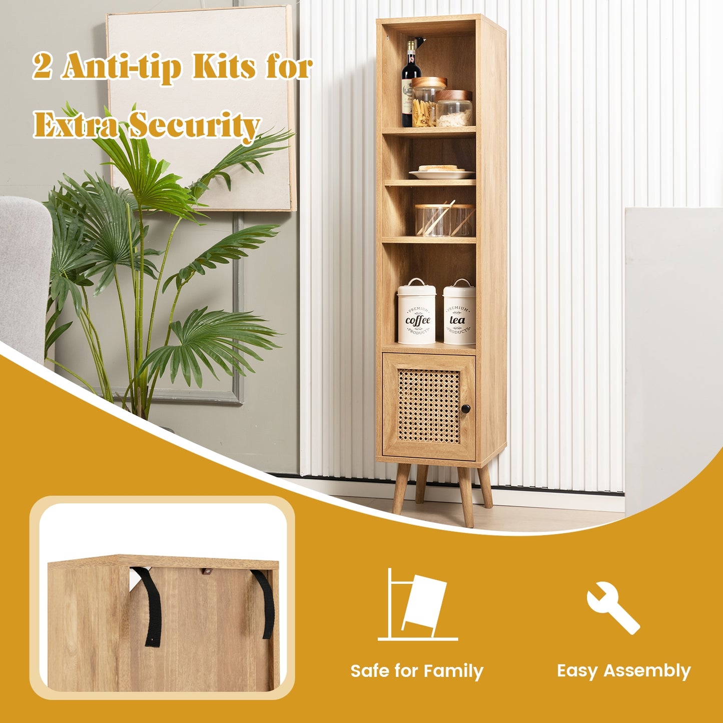 4 Tiers Rattan Storage Cabinet with Slim Design-Natural Kids Crystal