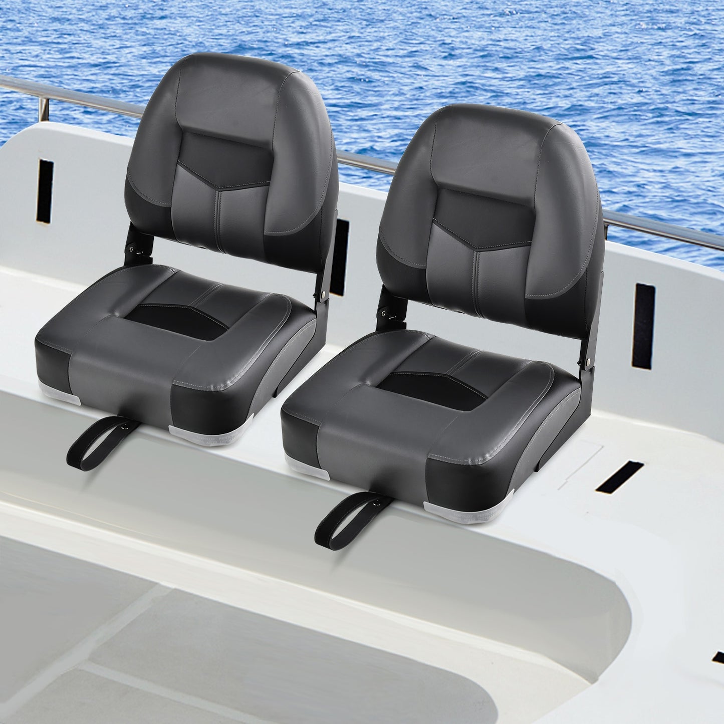 Set of 2 Folding Low Back Fishing Boat Seats with Stainless Steel Screws-Black Kids Crystal