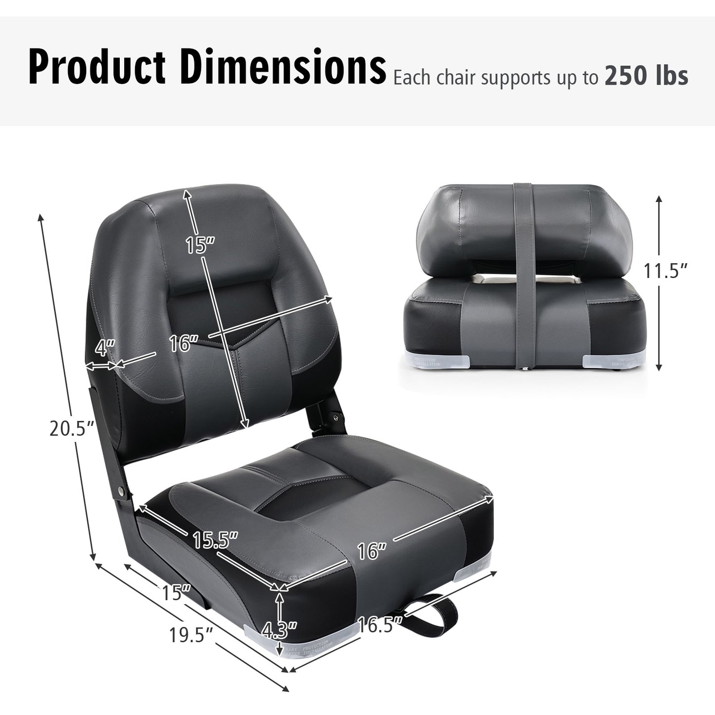 Set of 2 Folding Low Back Fishing Boat Seats with Stainless Steel Screws-Black Kids Crystal