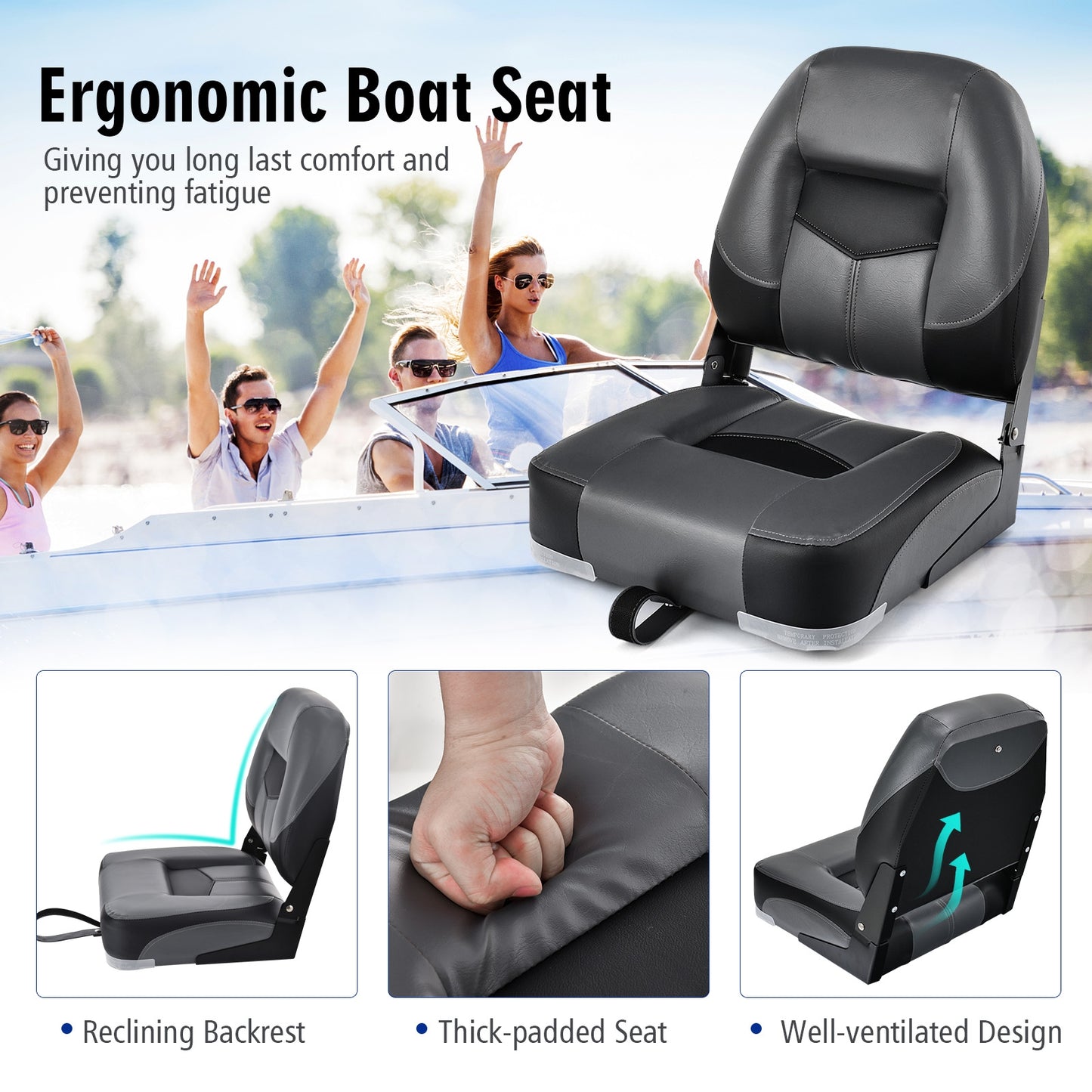 Set of 2 Folding Low Back Fishing Boat Seats with Stainless Steel Screws-Black Kids Crystal