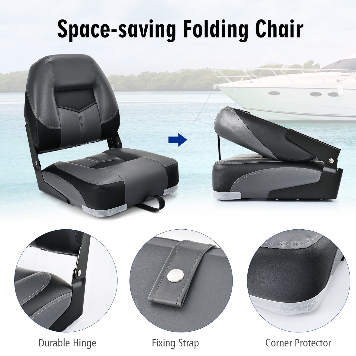 Set of 2 Folding Low Back Fishing Boat Seats with Stainless Steel Screws-Black Kids Crystal