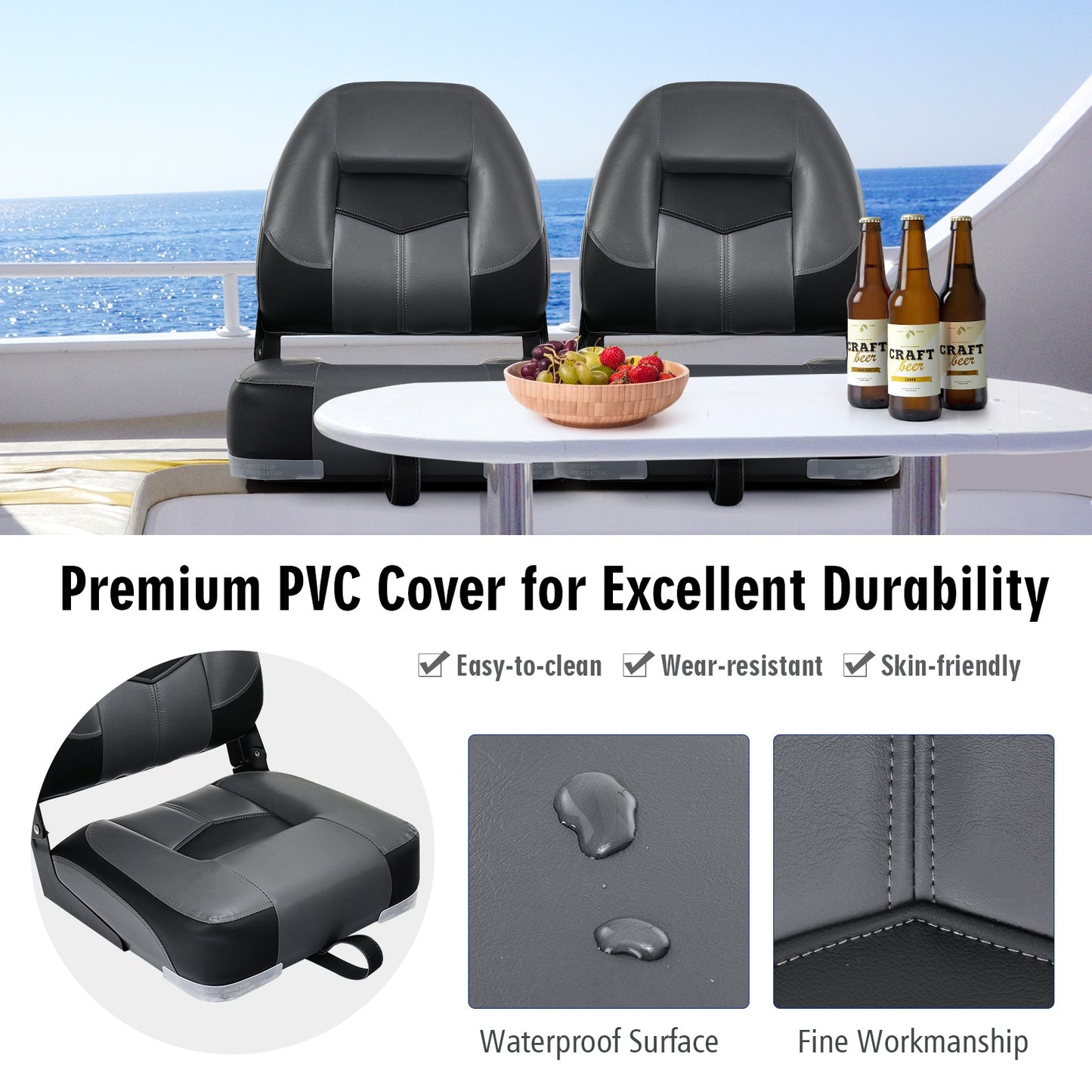 Set of 2 Folding Low Back Fishing Boat Seats with Stainless Steel Screws-Black Kids Crystal